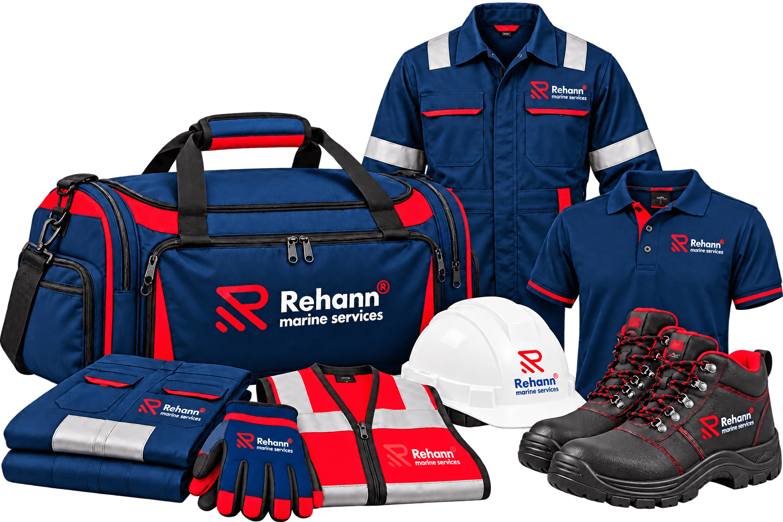 Rehann crew kit with bag, coverall, polo, helmet, safety shoes and accessories