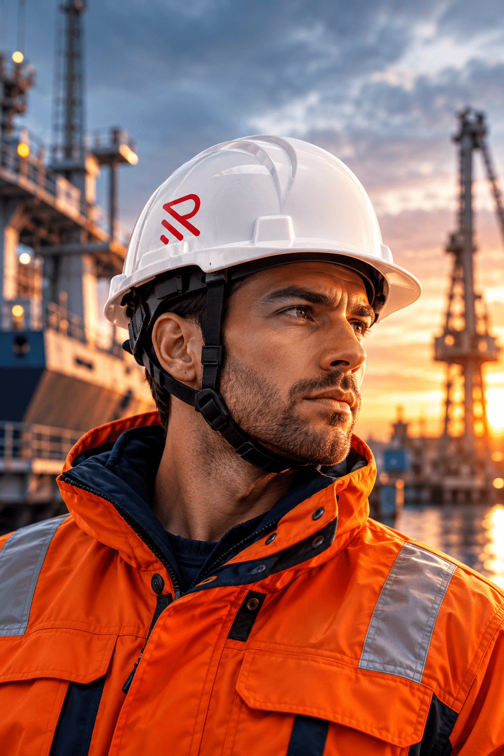 Marine engineer wearing a white safety helmet at sunset
