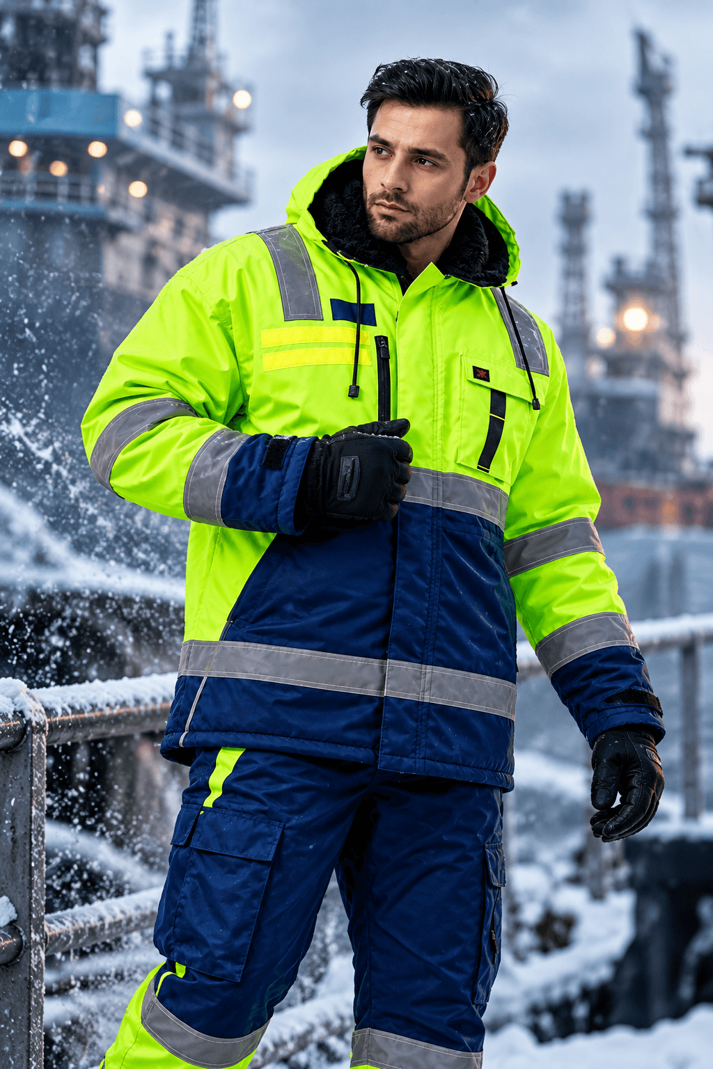 Worker in high-visibility cold-weather marine workwear