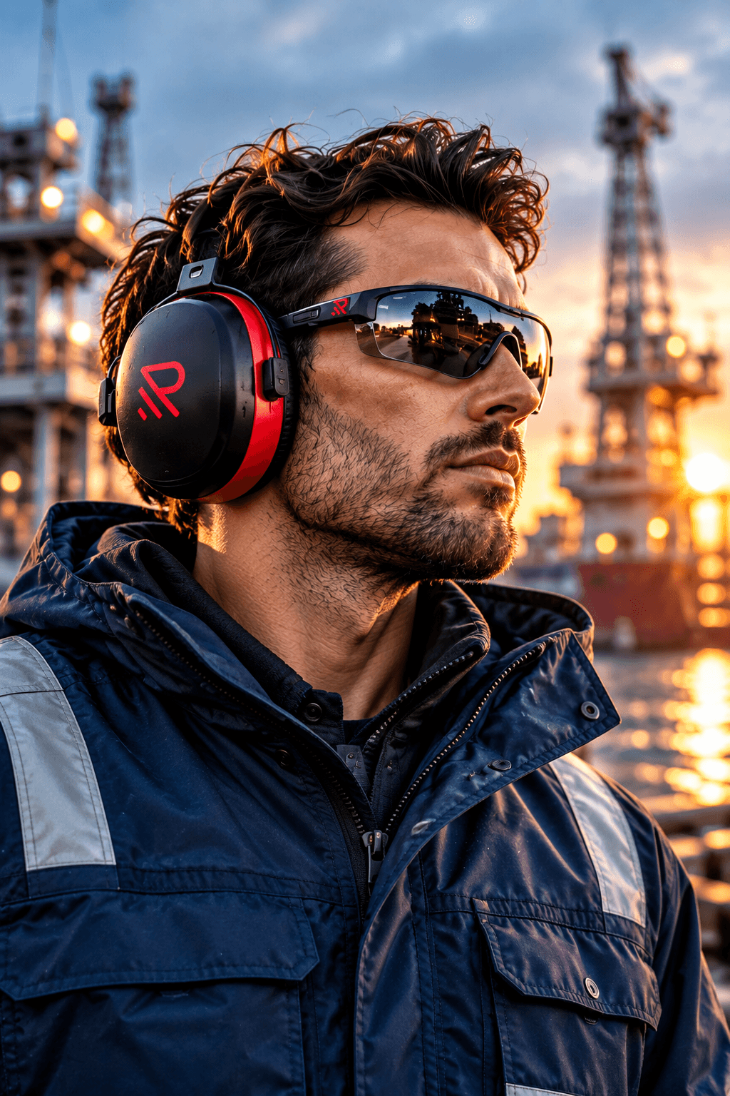 Marine worker wearing safety eyewear and hearing protection